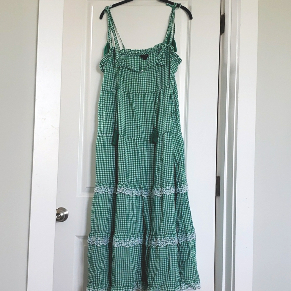 J Crew Green and White Checkered Dress with tassel detail